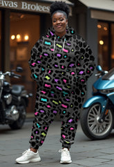 Women's Big and Tall Graffiti Colorful Leopard Print Hoodie Set